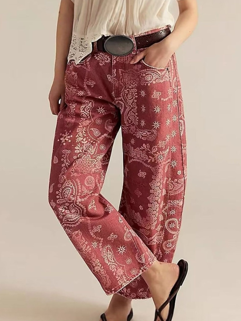 Boho Relaxed Paisley Western Print Wide-Leg Jeans- Red